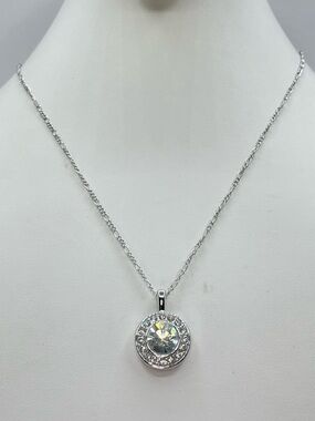 Diamond White Swarovski Crystal Halo Pendant Necklace Silver Round Statement